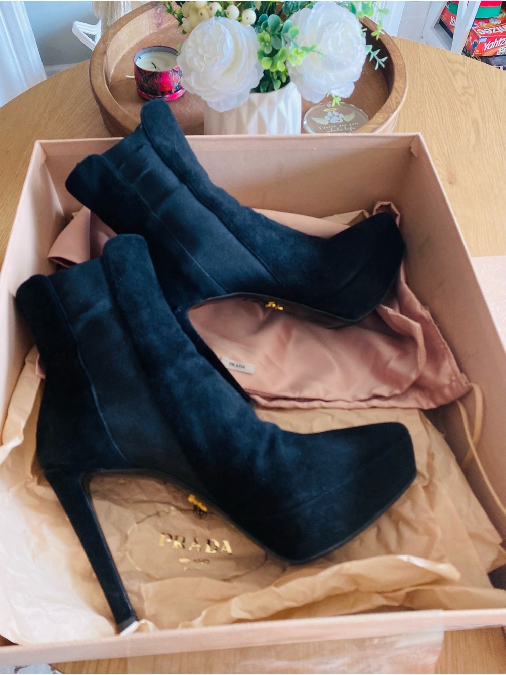 🛍️Prada Authentic Black Suede Camoscio Ankle Boots With Original Packaging